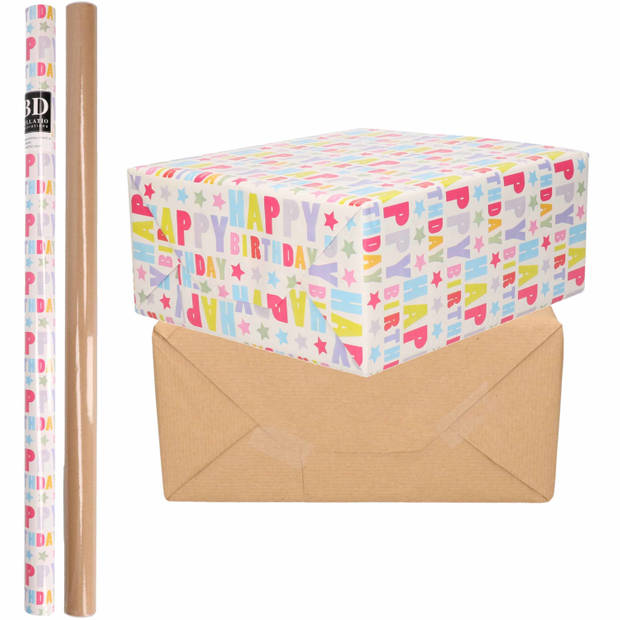 6x Rollen kraft inpakpapier happy birthday pakket - bruin 200 x 70 cm - Cadeaupapier