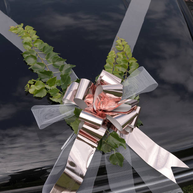 Santex trouwauto lint met strikjes - Bruiloft - zilver - just marriedA - autodecoratie set - Feestdecoratievoorwerp