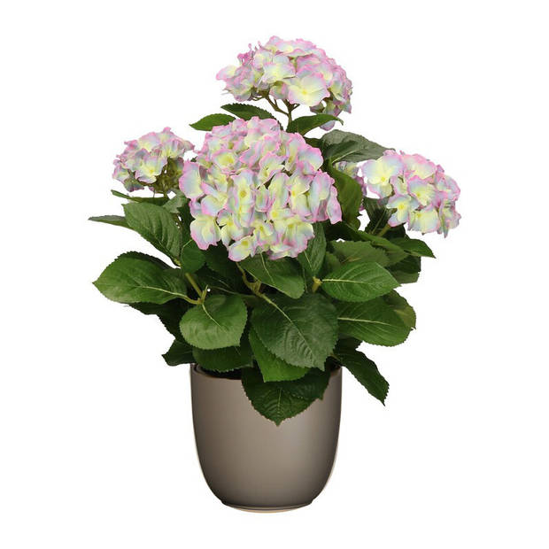 Hortensia kunstplant/kunstbloemen 45 cm - paars/groen - in pot taupe mat - Kunstplanten