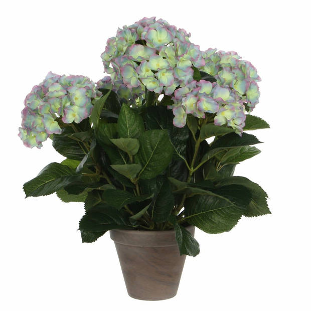 Hortensia kunstplant/kunstbloemen 45 cm - paars/groen - in pot roze glans - Kunstplanten