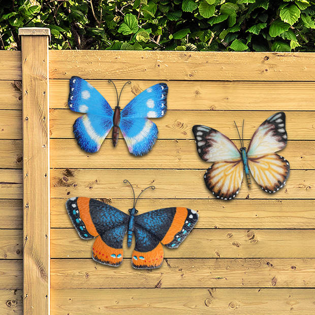 Pro Garden tuin wanddecoratie vlinder - metaal - oranje - 31 x 23 cm - Tuinbeelden