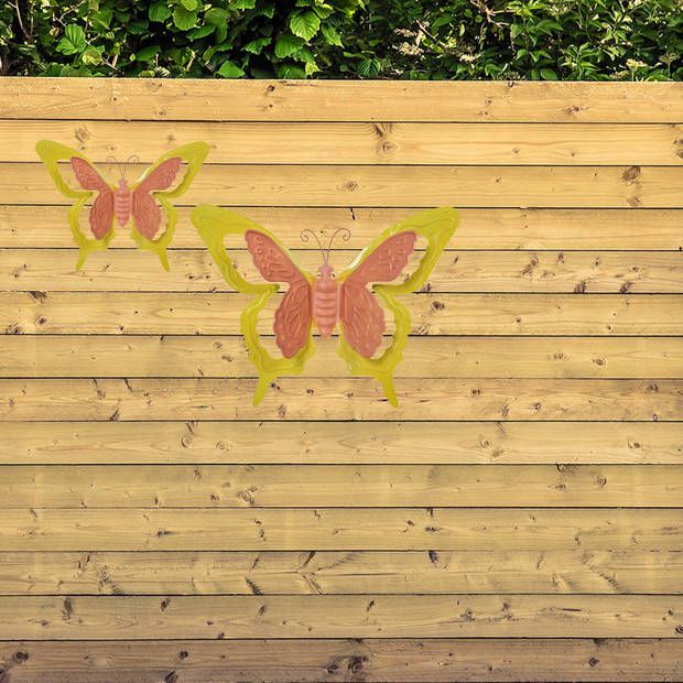 Mega Collections tuin/schutting decoratie vlinder - metaal - oranje - 46 x 34 cm - Tuinbeelden