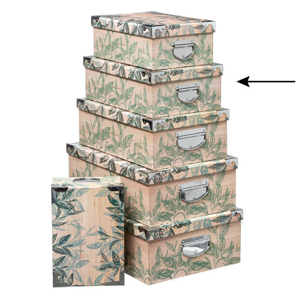5Five Opbergdoos/box - Green leafs print op hout - L36 x B24.5 x H12.5 cm - Stevig karton - Leafsbox - Opbergbox