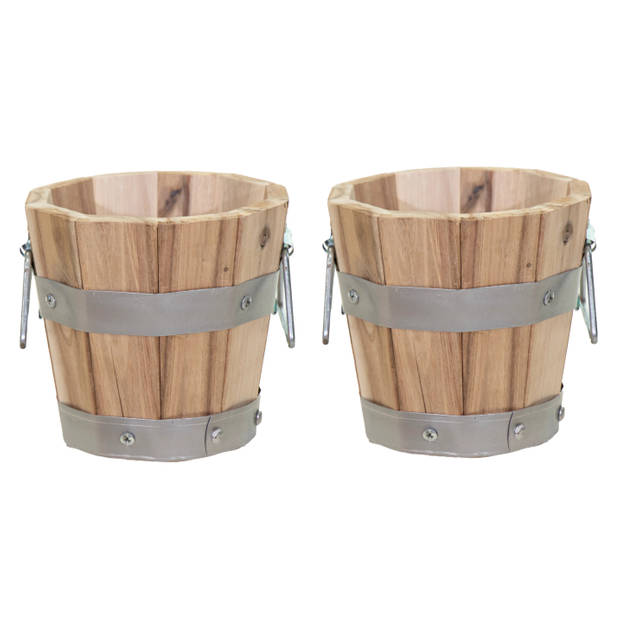 Mega Collections Plantenbak/bloempot - 2x - Barrel - hout - hendels - D15 x H18 cm - Plantenpotten