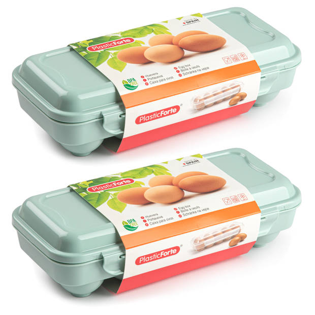 Eierdoos - 2x - koelkast organizer eierhouder - 10 eieren - mint groen - kunststof - 27 x 12,5 cm - Vershoudbakjes