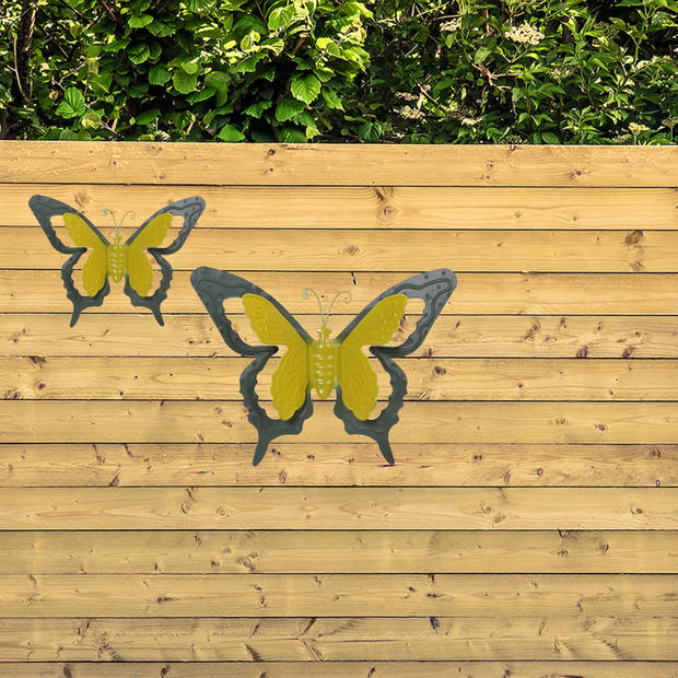 Tuin/schutting decoratie vlinders - metaal - groen - 17 x 13 cm - 36 x 27 cm - Tuinbeelden