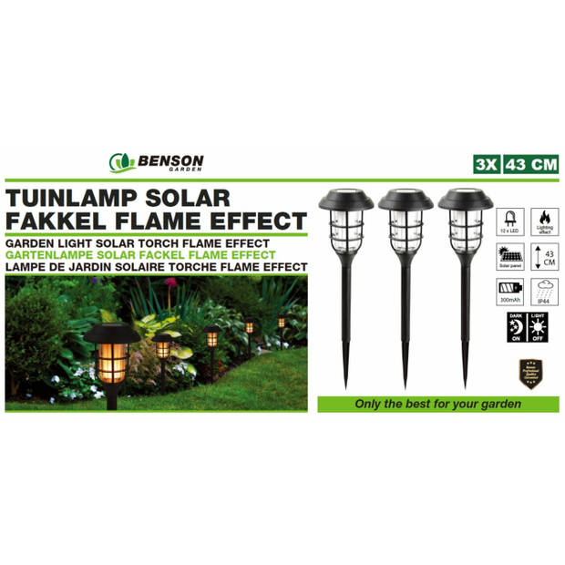 Benson Solar tuinlamp - 6x - zwart - LED flame effect - oplaadbaar - D12 x H43 cmA - Fakkels