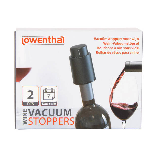 Lowenthal Wijnstopper/flessenstopper - 2x - zwart - kunststof - vacuumstopper - Wijnafsluiters