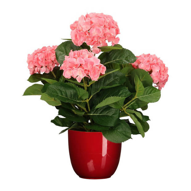Hortensia kunstplant/kunstbloemen 45 cm - roze - in pot rood glans - Kunstplanten