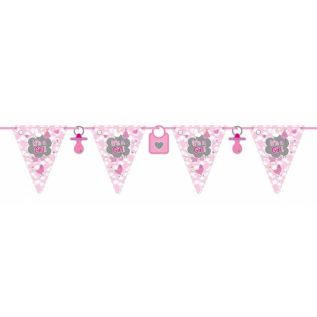 Geboorte versiering meisje - ooievaar geboortebord - 100 cm hoog - vlaggenlijn roze - 12 meter - Feestdecoratievoorwerp