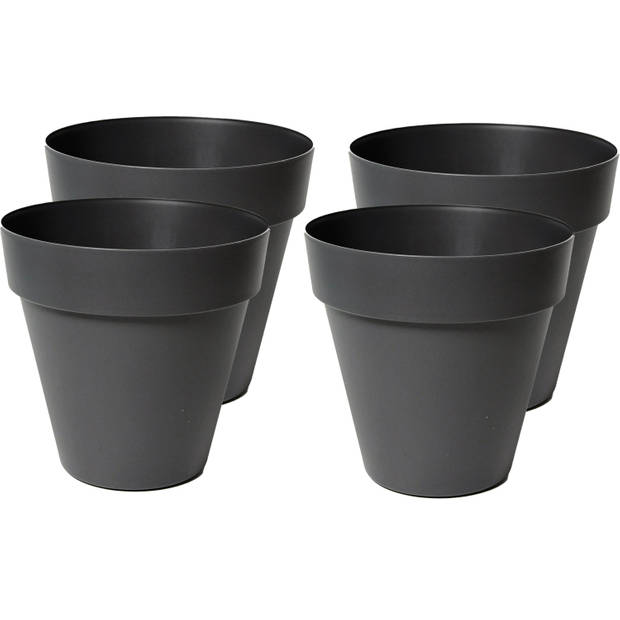 Mega Collections Plantenpot/bloempot - 4x - kunststof - zwart - D20 x H17 cm - Plantenpotten