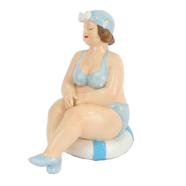 Home decoratie beeldje dikke dame zittend - blauw badpak - 11 cm - Beeldjes