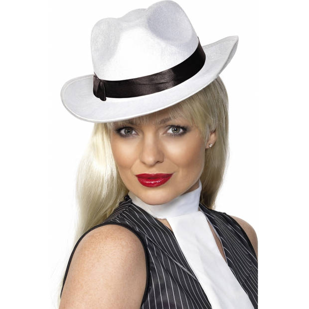Carnaval verkleed Gangster/maffia set witte hoed met stropdas zwart - Verkleedhoofddeksels