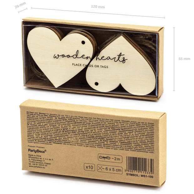 PartyDeco cadeaulabels houten hartje - set 50x stuks - bruin - 6 x 5 cm - naam tags - Cadeauversiering