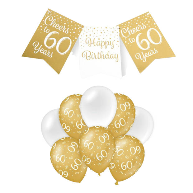 Paperdreams Luxe 60 jaar feestversiering set - Ballonnen & vlaggenlijnen - wit/goud - Feestpakketten