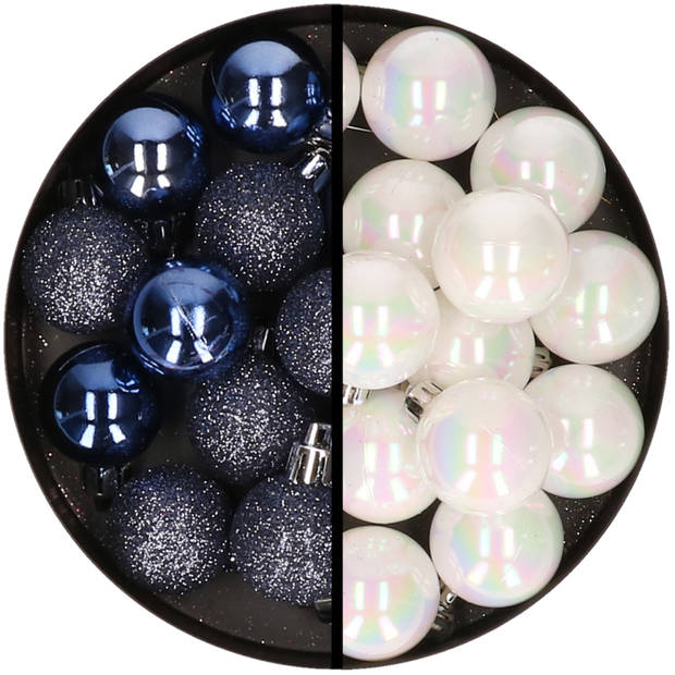 36x stuks kunststof kerstballen donkerblauw en parelmoer wit 3 en 4 cm - Kerstbal