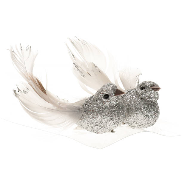 kerstboom vogels op clip 2x stuks - glitter zilver 10 cm - Kersthangers