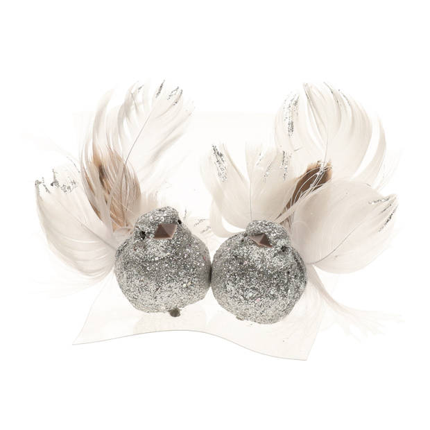 2x Kerst decoratie gliter vogeltje op clip zilver - Kersthangers