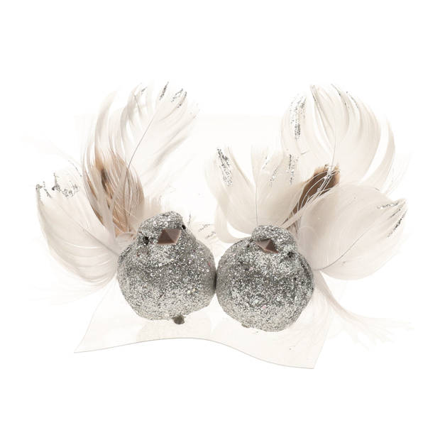 kerstboom vogels op clip 2x stuks - glitter zilver 10 cm - Kersthangers