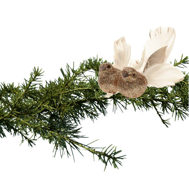 2x stuks kerstboom vogels op clip glitter champagne 11 cm - Kersthangers