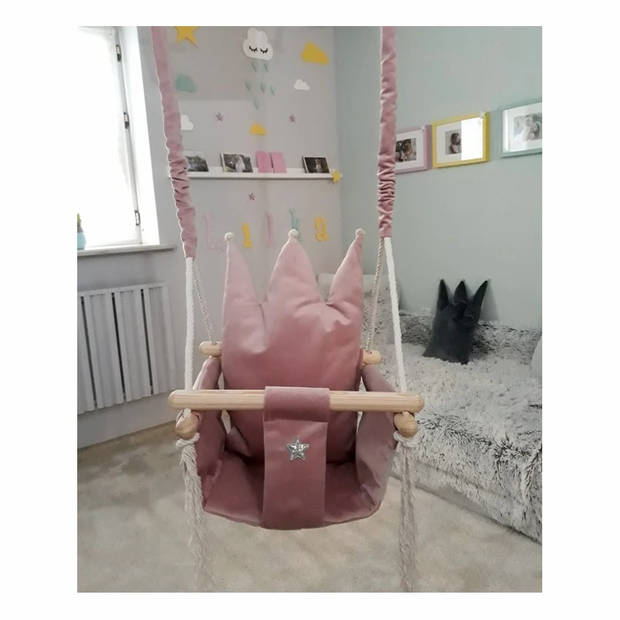 Luxe houten handgemaakte roze baby schommel en kinder schommel met kroon vormig kussen