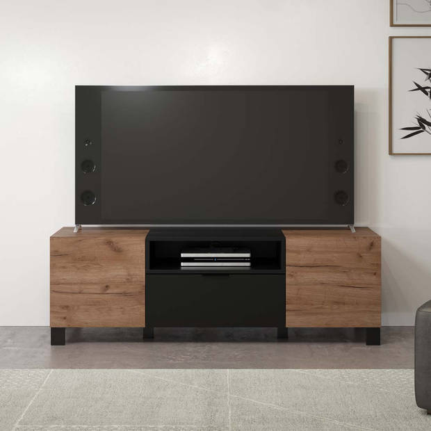Kendo TV-meubel 2 deuren, 1 plank, 1 klepdeur, eik decor, zwart mat.
