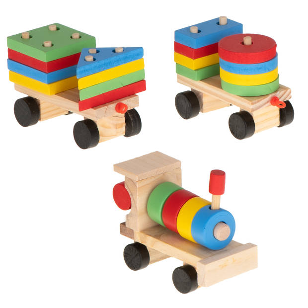 Houten Trein met blokken en vormen - Blokkentrein - Treinlocomotief - Speelgoedtrein - Educatie met vormen en kleuren