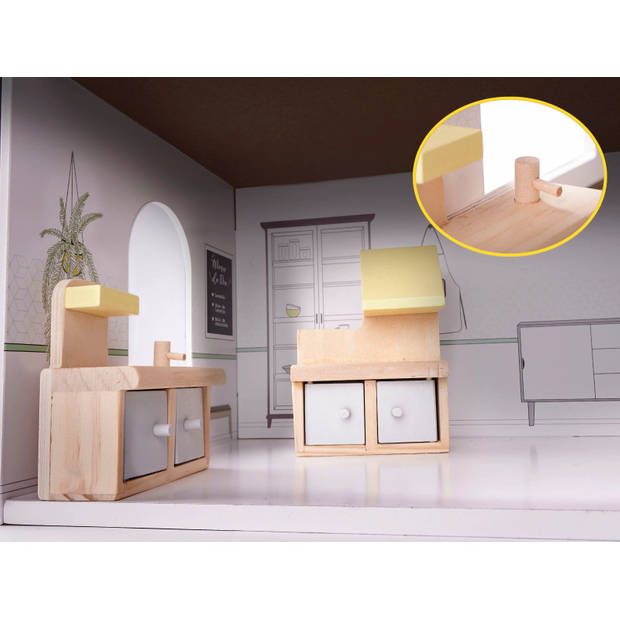 Zeer luxe XL houten poppenhuis met meubels 70 cm grijs