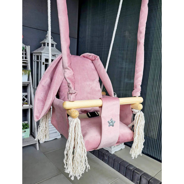 Luxe houten konijn handgemaakte roze baby schommel en kinder schommel met konijn vormig kussen