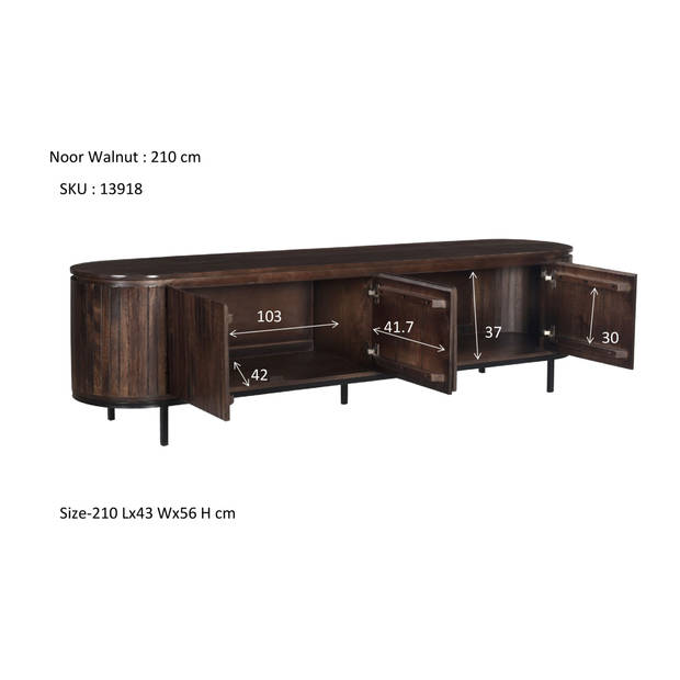 Livingfurn - TV Meubel Noor Walnut 210cm - Mangohout / Gecoat Staal