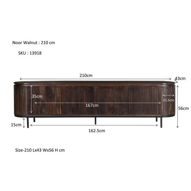 Livingfurn - TV Meubel Noor Walnut 210cm - Mangohout / Gecoat Staal