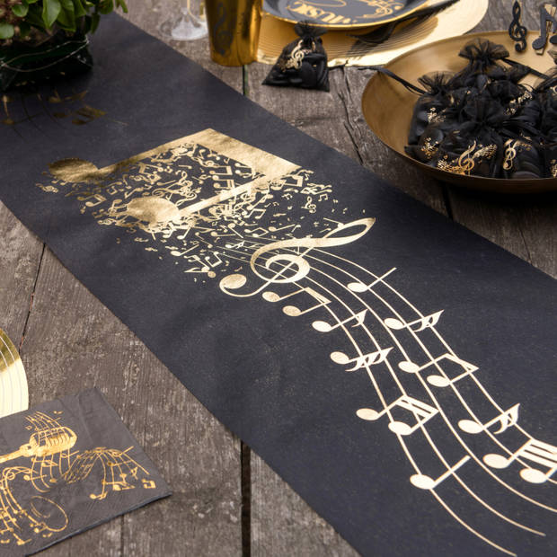 Santex muziek thema tafelloper op rol - 5 m x 30 cm - zwart/goud - non woven polyester - Feesttafelkleden