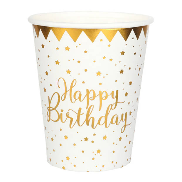 Verjaardag feest bekertjes happy birthday - 20x - wit - karton - 270 ml - Feestbekertjes