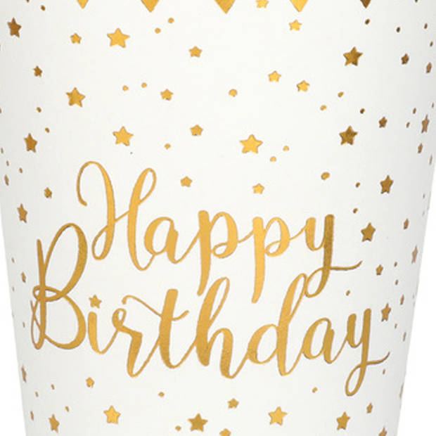 Santex Verjaardag feest bekertjes happy birthday - 10x - wit - karton - 270 ml - Feestbekertjes