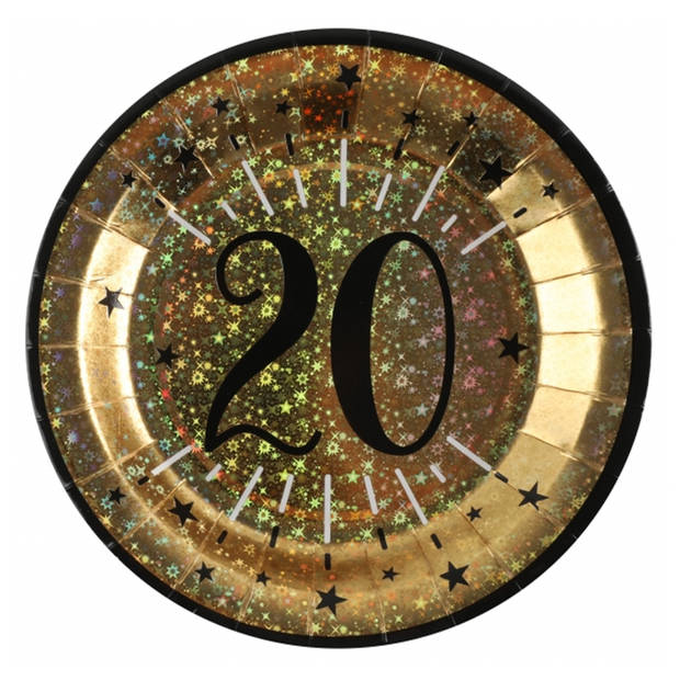 Verjaardag feest bordjes leeftijd - 20x - 20 jaar - goud - karton - 22 cm - Feestbordjes