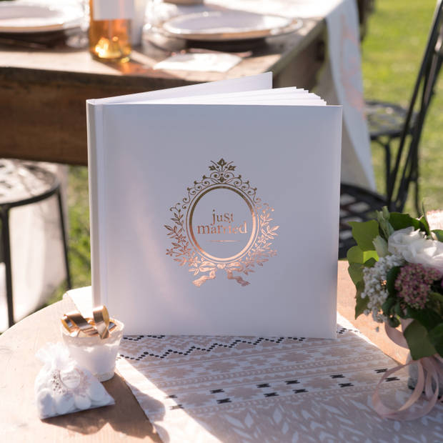 Santex gastenboek/receptieboekA Just Married - rose goud/wit - Bruiloft - 24 x 24 cm - Gastenboeken