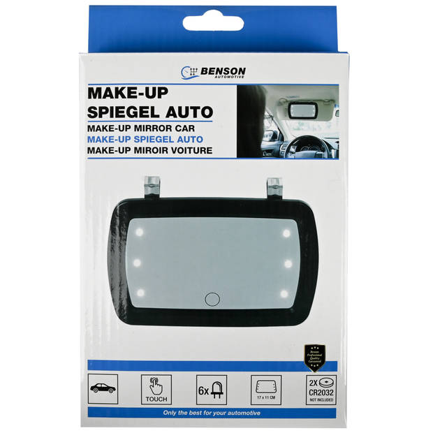 Benson LED Make-up spiegel voor in de auto - zwart - 17 x 11 cm - Make-up spiegeltjes