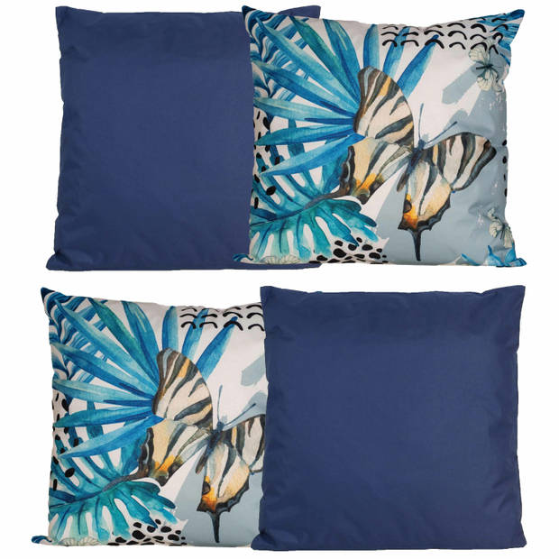 Bank/tuin kussens set - voor binnen/buiten - 4x stuks - donkerblauw/tropical print - 45 x 45 cm - Sierkussens