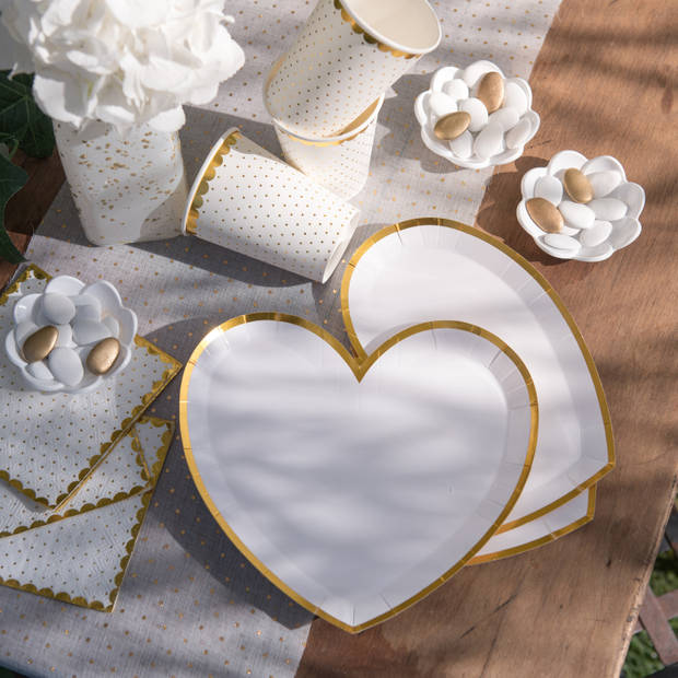 Santex wegwerpbordjes hartje - Bruiloft - 10x stuks - 23 cm - wit/goud - Feestbordjes