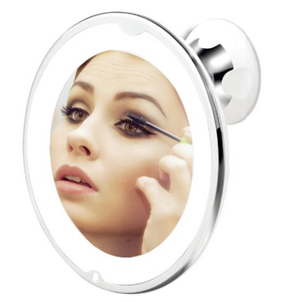 LED ring make-up spiegel met zuignap - wit - 20 x 22 cm - 5x zoom - Make-up spiegeltjes