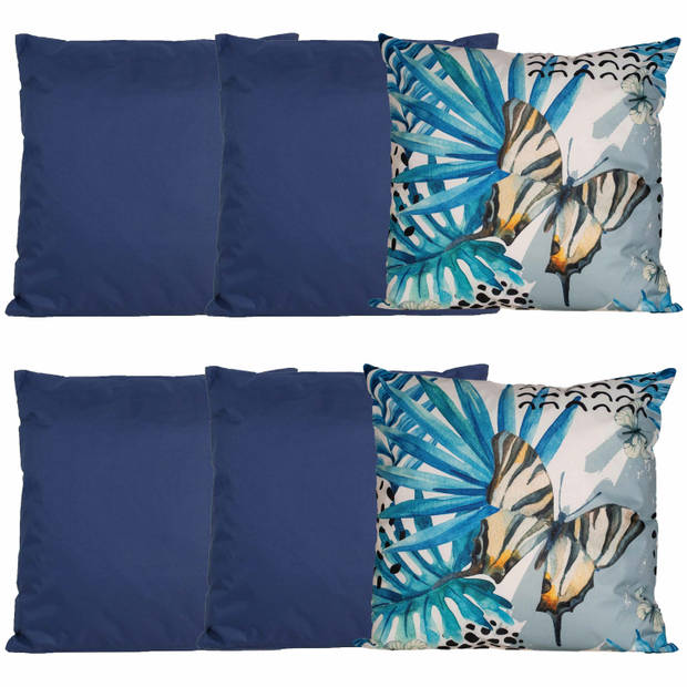 Bank/tuin kussens set - voor binnen/buiten - 6x stuks - donkerblauw/tropical print - 45 x 45 cm - Sierkussens