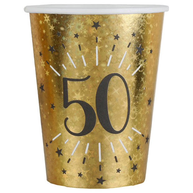 Verjaardag feest bekertjes en bordjes leeftijd - 30x - 50 jaar - goud - karton - Feestpakketten