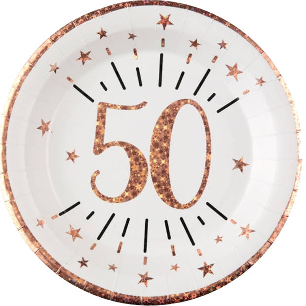Santex Verjaardag feest bordjes leeftijd - 10x - 50 jaar - rose goud - karton - 22 cm - Feestbordjes