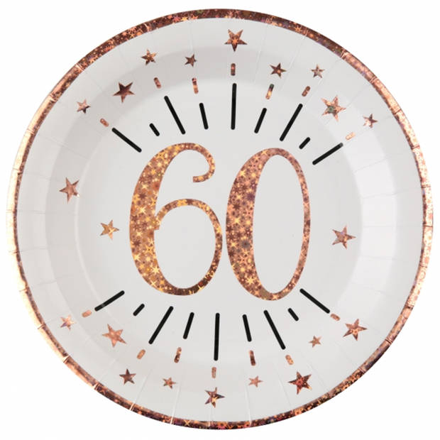 Verjaardag feest bekertjes en bordjes leeftijd - 20x - 60 jaar - rose goud - karton - Feestpakketten