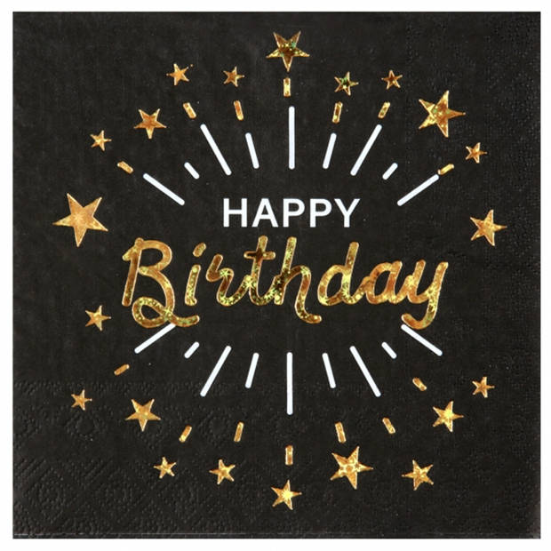 Verjaardag feest servetten happy birthday - 20x - goud - 33 x 33 cm - Feestservetten