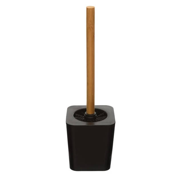 WC-/toiletborstel met houder vierkant zwart kunststof/bamboe 38 cm - Toiletborstels