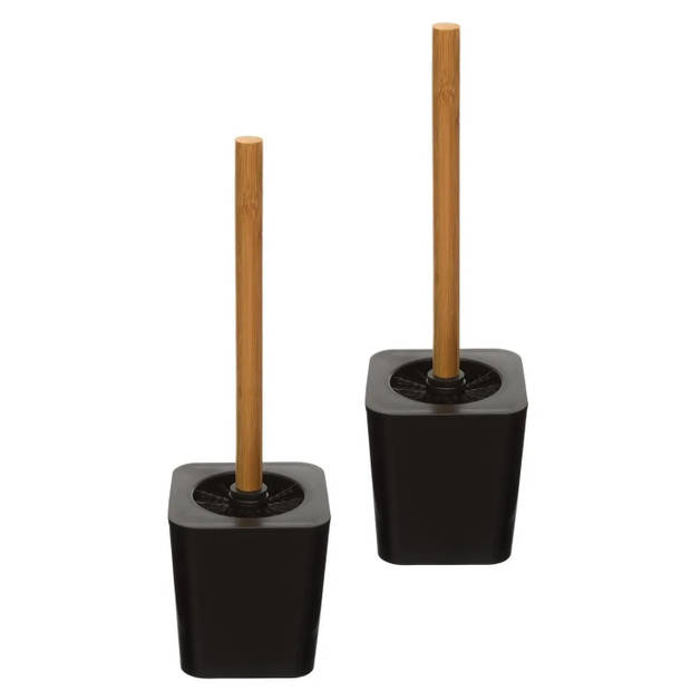 2x stuks WC-/toiletborstel met houder zwart kunststof/bamboe 38 cm - Toiletborstels