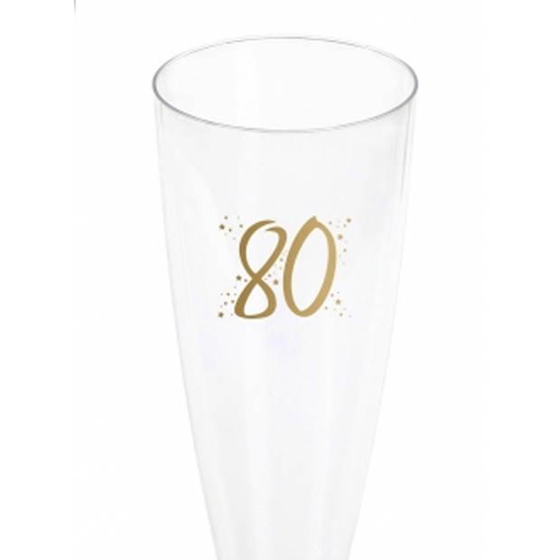 Verjaardag feest champagneglazen - leeftijd - 12x - 80 jaar - goud - kunststof - Champagneglazen