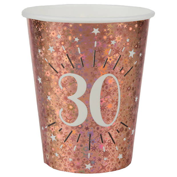 Verjaardag feest bekertjes en bordjes leeftijd - 20x - 30 jaar - rose goud - karton - Feestpakketten