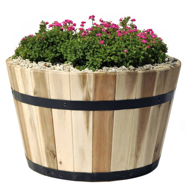 Mega Collections Plantenbak/bloempot - Low Barrel - hout - bruin - D33 x H21 cm - Plantenpotten